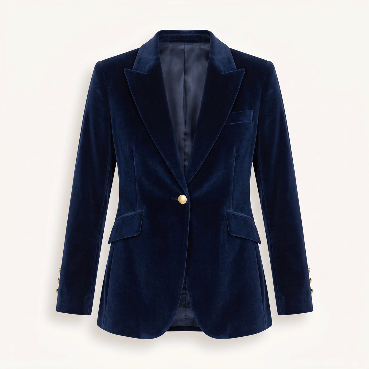 Women's navy velvet blazer with notch lapels and single button fastening