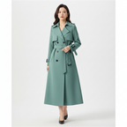 Women's longline double-breasted trench coat with belt and buckle cuff straps