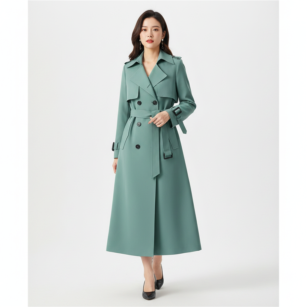 Women's longline double-breasted trench coat with belt and buckle cuff straps