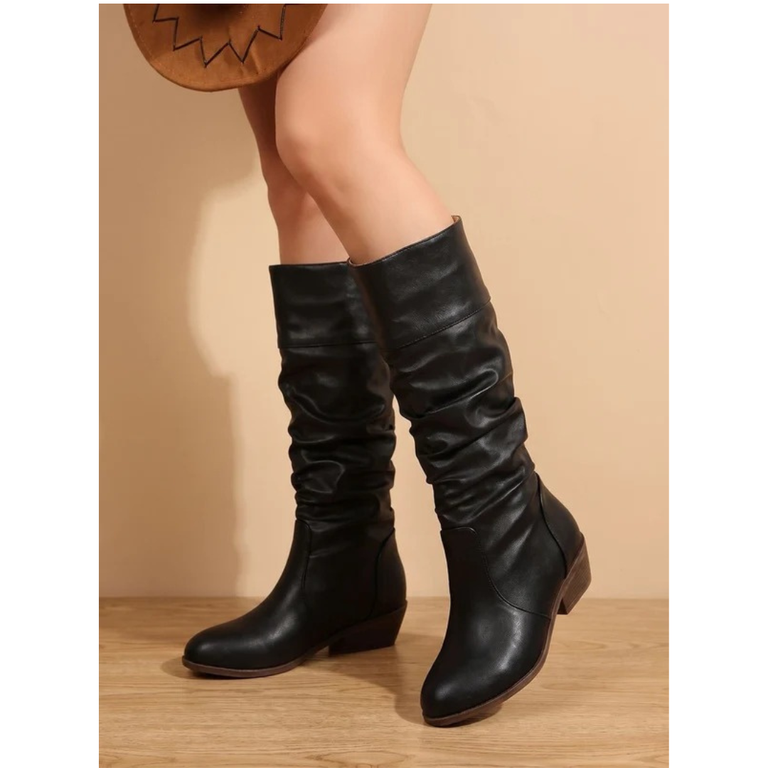 Women's slouch knee-high boots with low block heels and western styling