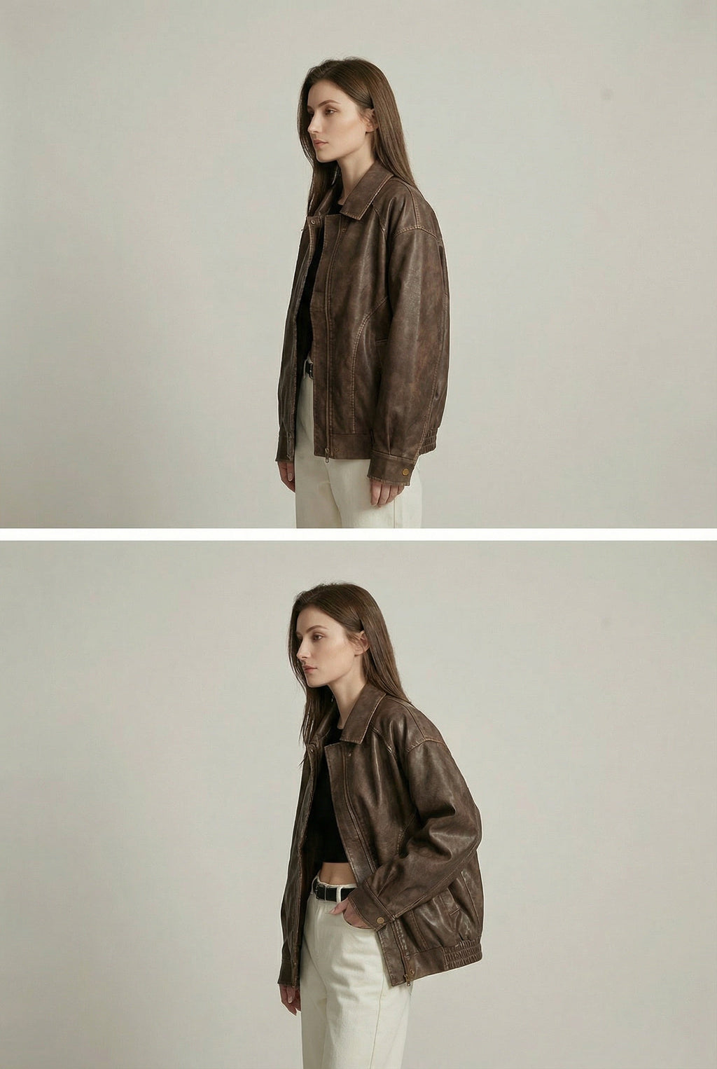 Women's oversized brown faux leather jacket with collar and zip front