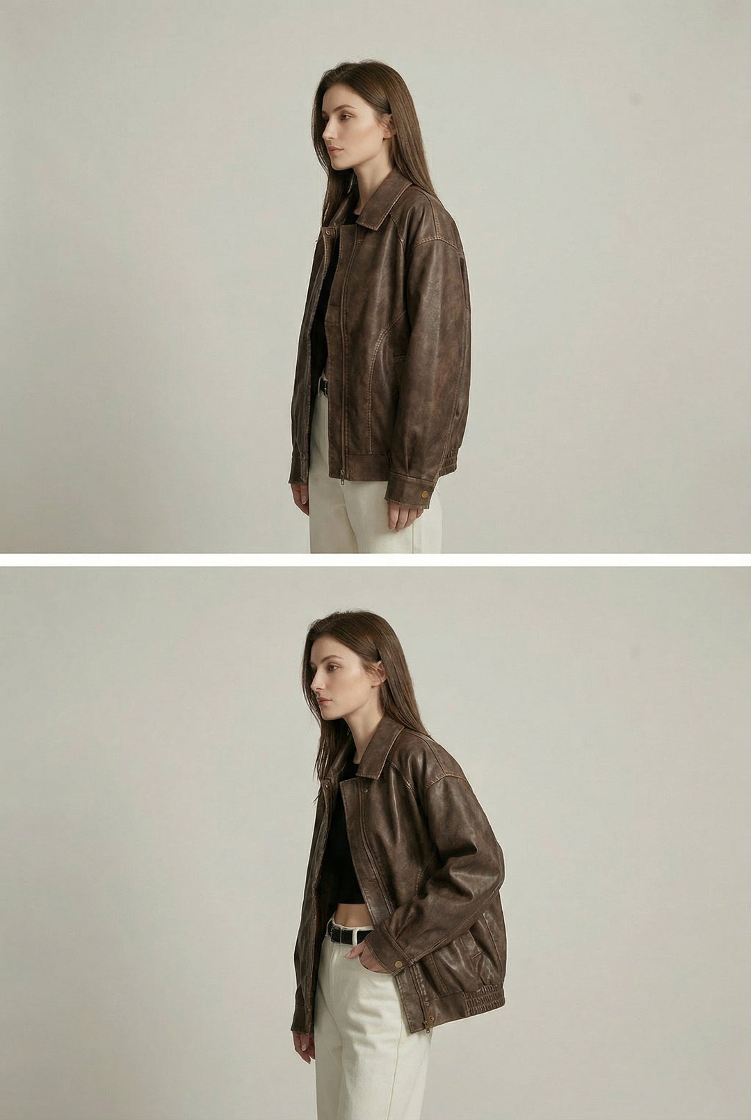 Women's oversized brown faux leather jacket with collar and zip front