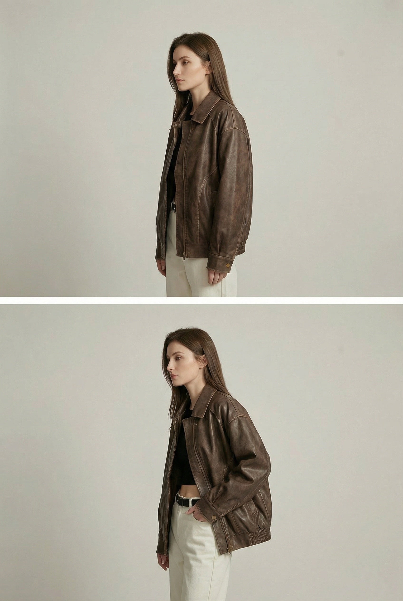 Women's oversized brown faux leather jacket with collar and zip front