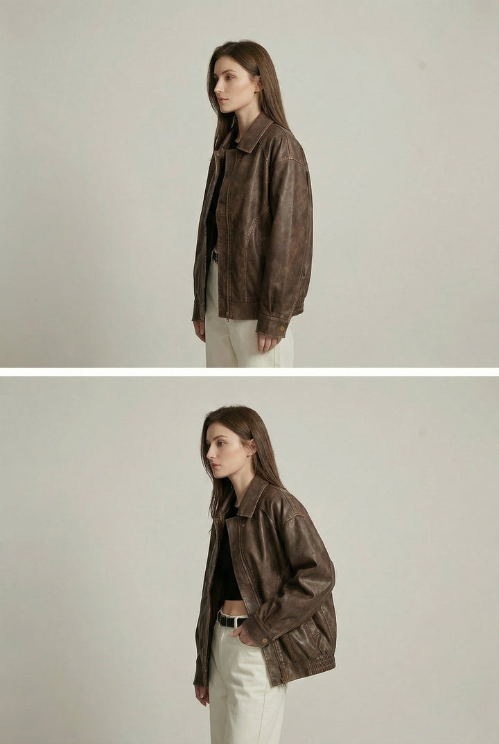 Women's oversized brown faux leather jacket with collar and zip front