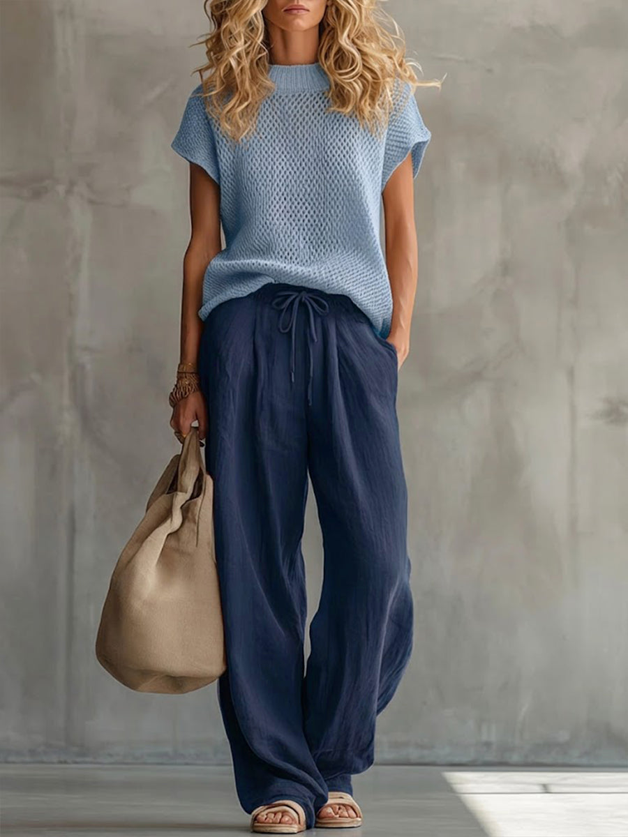 Women's knitted top and wide-leg trousers two-piece set