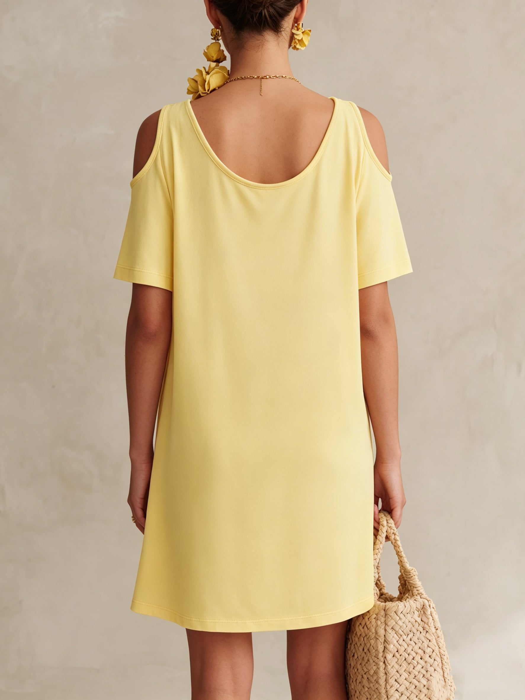 Women's yellow cowl neck cold shoulder mini dress