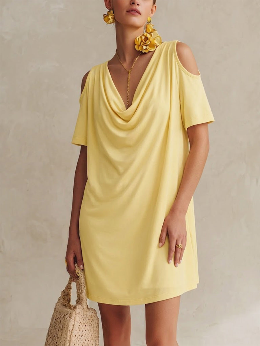 Women's yellow cowl neck cold shoulder mini dress
