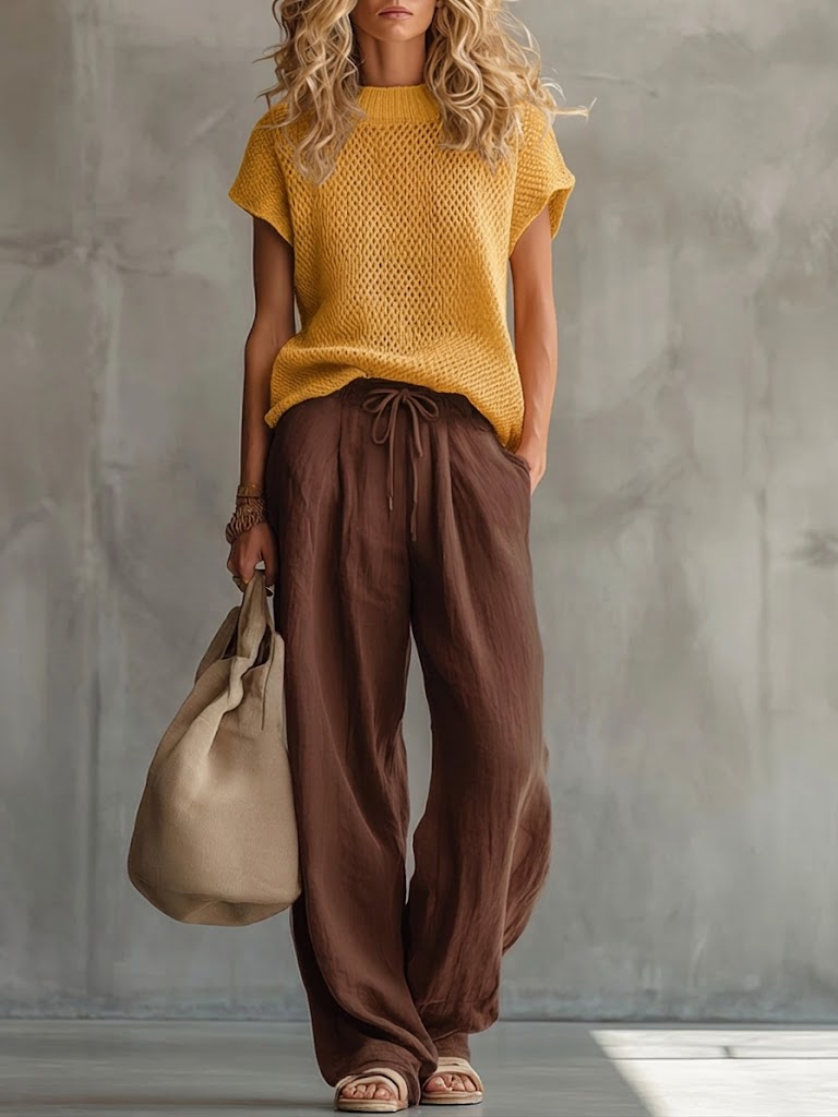 Women's knitted top and wide-leg trousers two-piece set