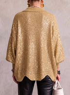 Women's oversized textured cardigan with collared neckline and large metallic buttons