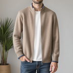 Men's mock neck zip cardigan with ribbed trim