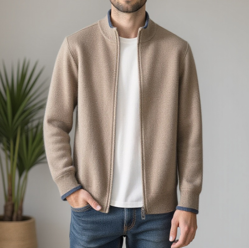Men's mock neck zip cardigan with ribbed trim
