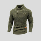 Men's textured knit jumper with high collar and buttoned chest detail
