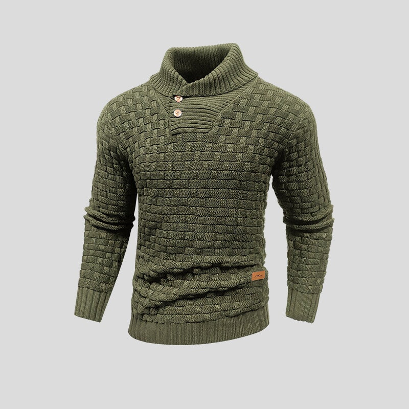 Men's textured knit jumper with high collar and buttoned chest detail