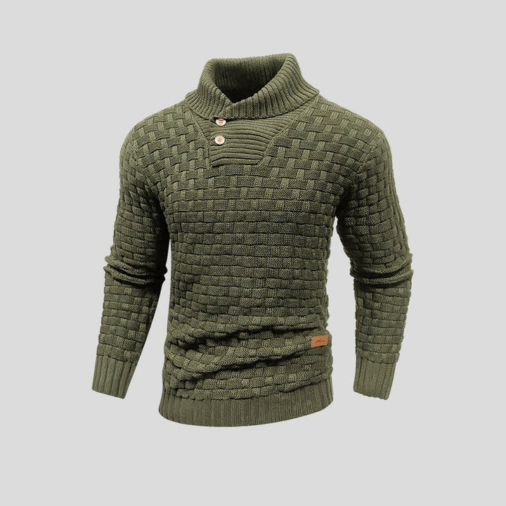 Men's textured knit jumper with high collar and buttoned chest detail