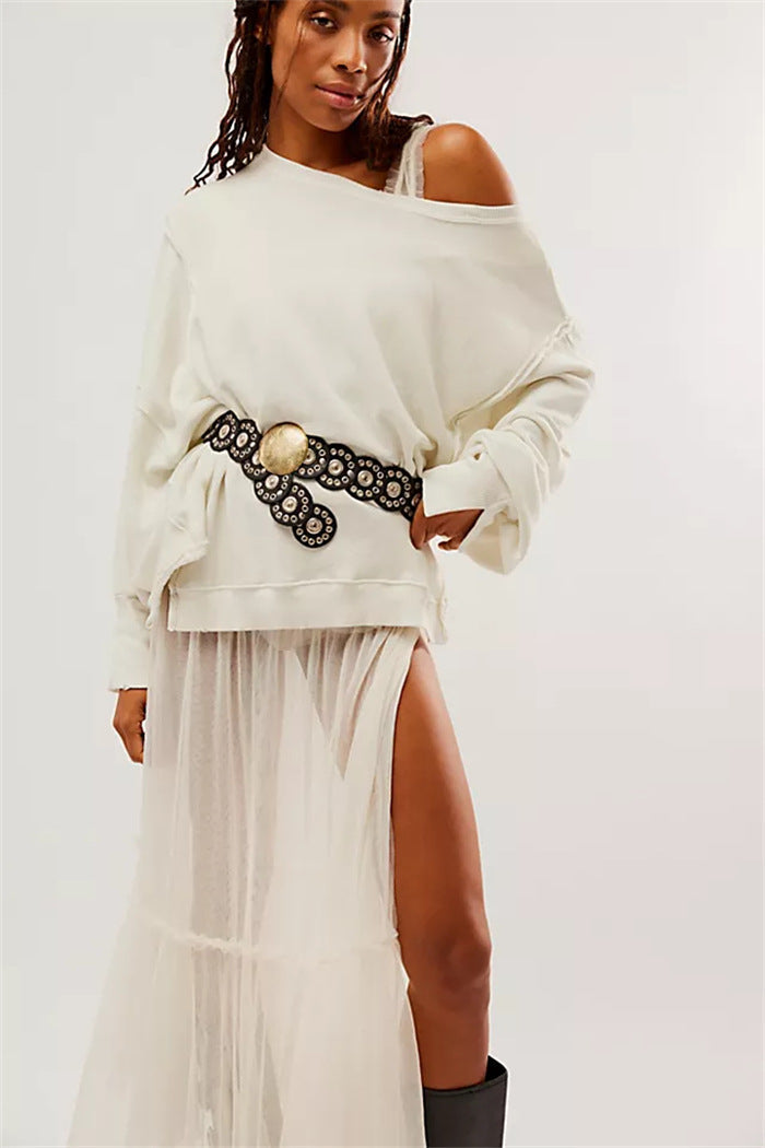 Women's oversized sweatshirt with crew neckline, balloon sleeves and side slits