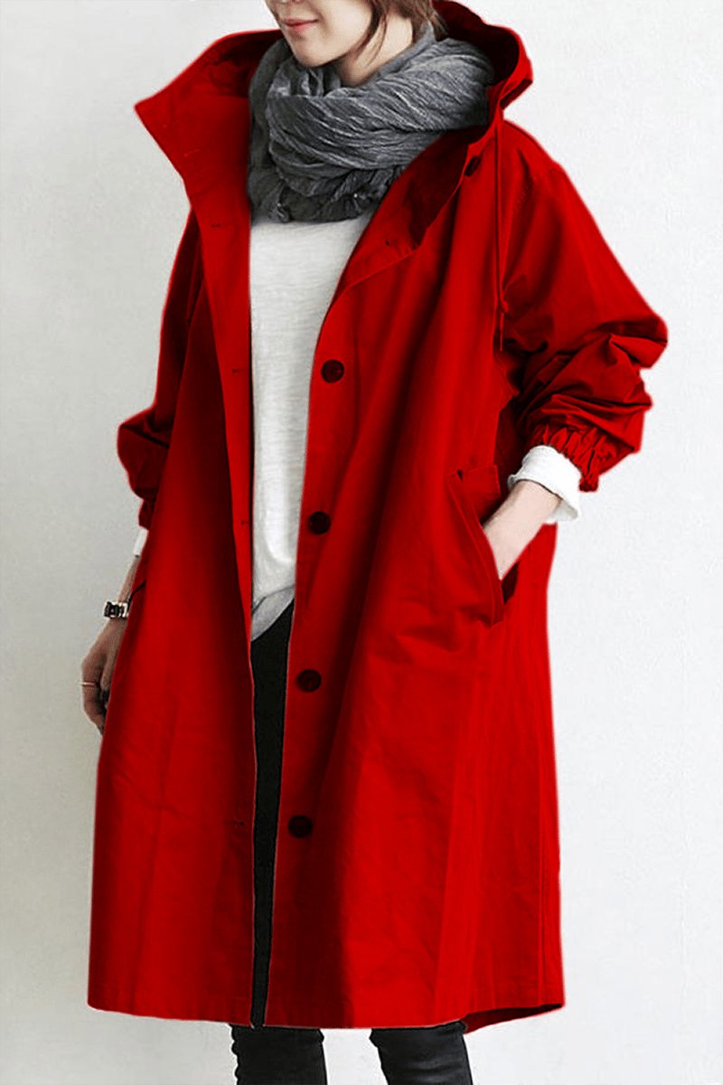 Women's oversized hooded rain parka coat with button front and elastic cuffs