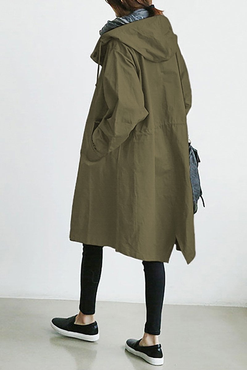 Women's oversized hooded rain parka coat with button front and elastic cuffs