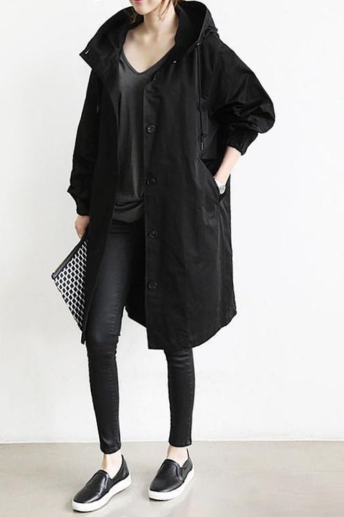 Women's oversized hooded rain parka coat with button front and elastic cuffs