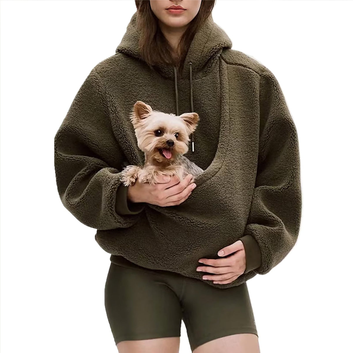 Women's oversized sherpa hoodie with hood and integrated pet pouch