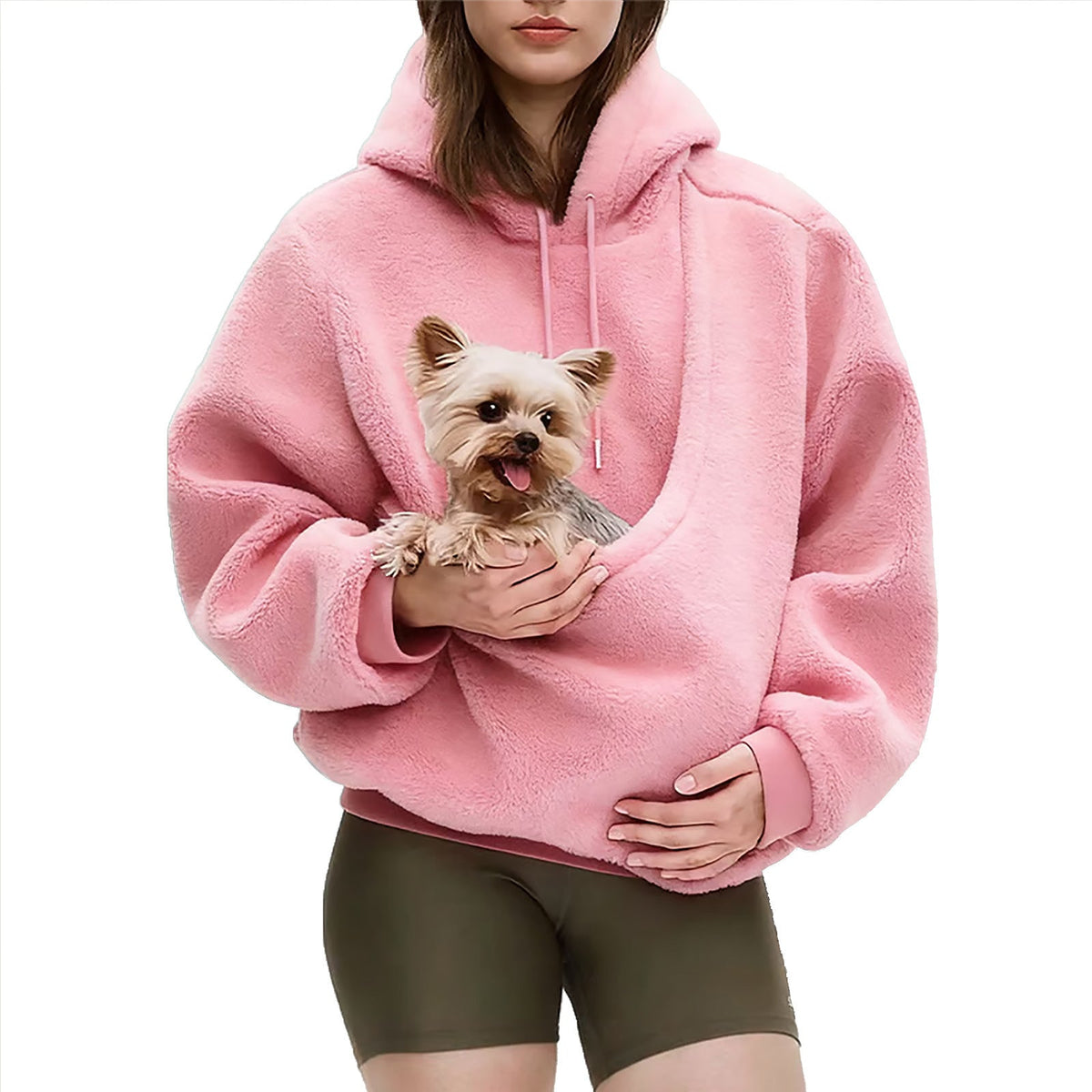 Women's oversized sherpa hoodie with hood and integrated pet pouch