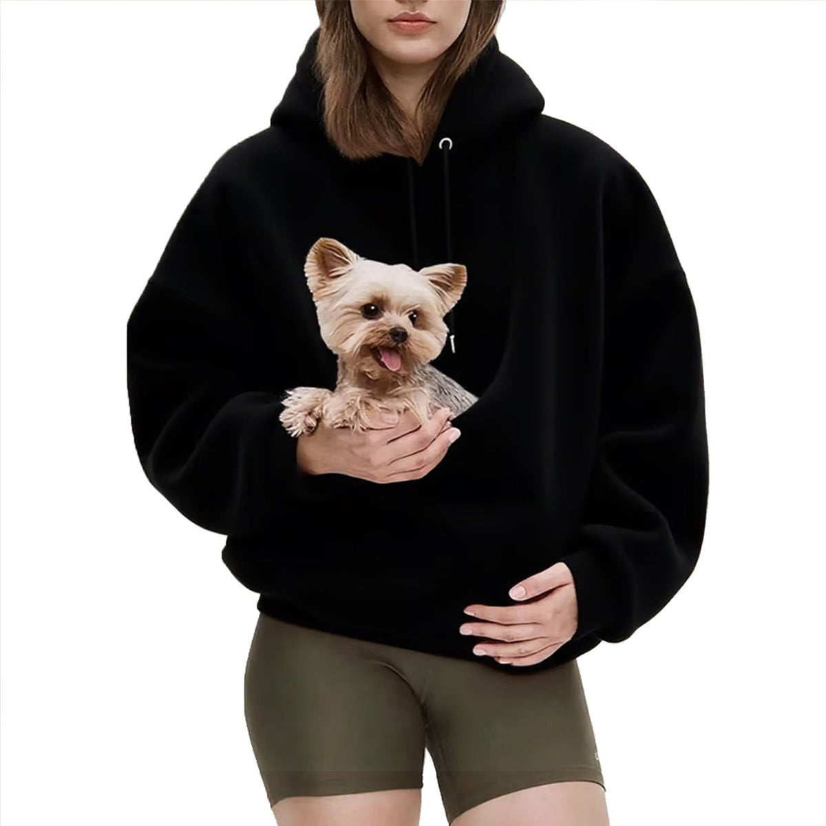 Women's oversized sherpa hoodie with hood and integrated pet pouch