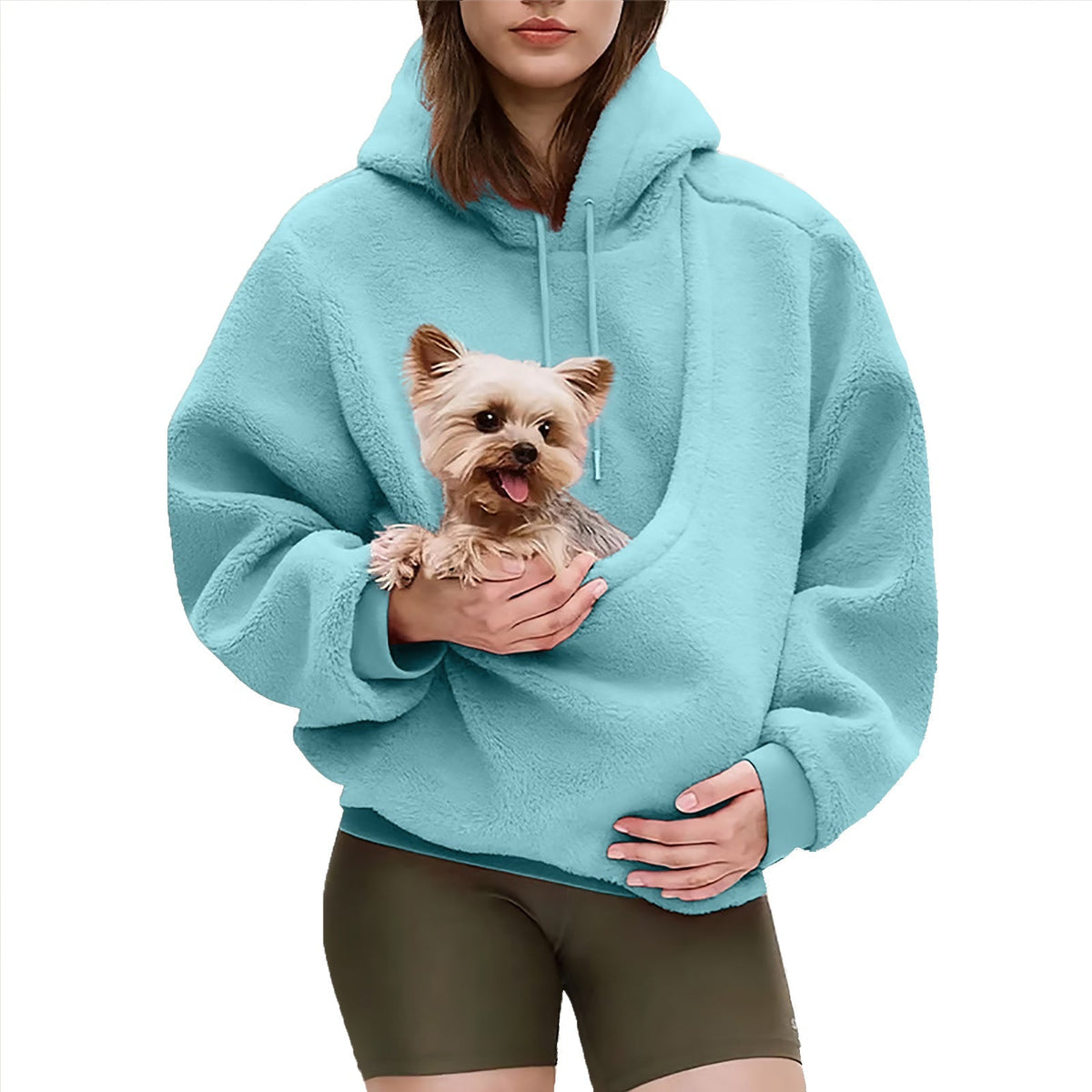 Women's oversized sherpa hoodie with hood and integrated pet pouch