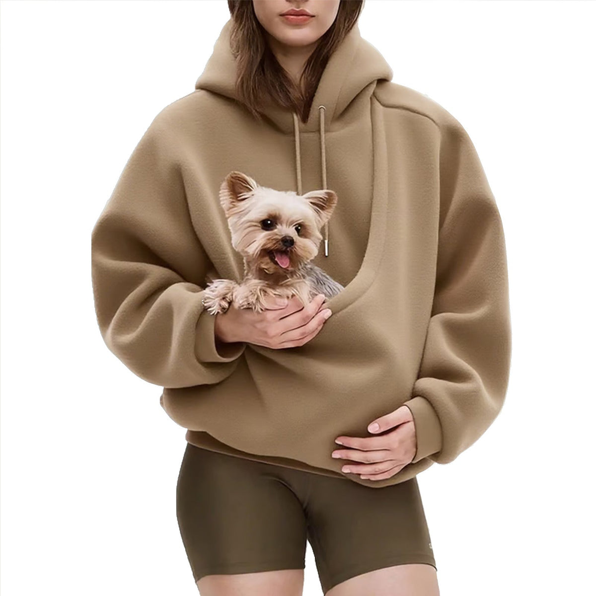 Women's oversized sherpa hoodie with hood and integrated pet pouch