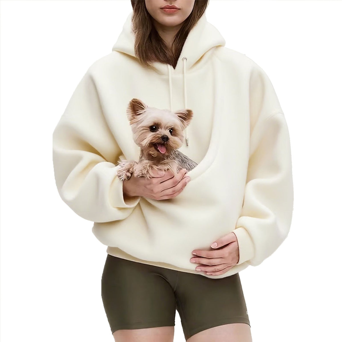Women's oversized sherpa hoodie with hood and integrated pet pouch