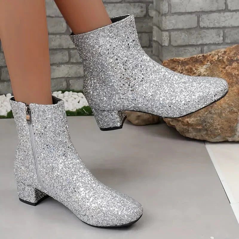 Women's Glitter Block Heel Ankle Boots