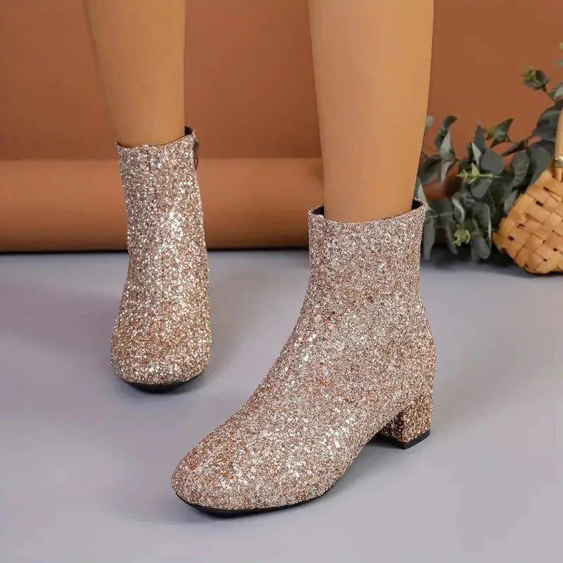 Women's Glitter Block Heel Ankle Boots