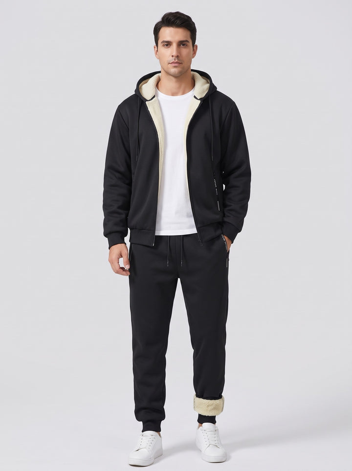 Men's teddy lined hooded tracksuit set in black