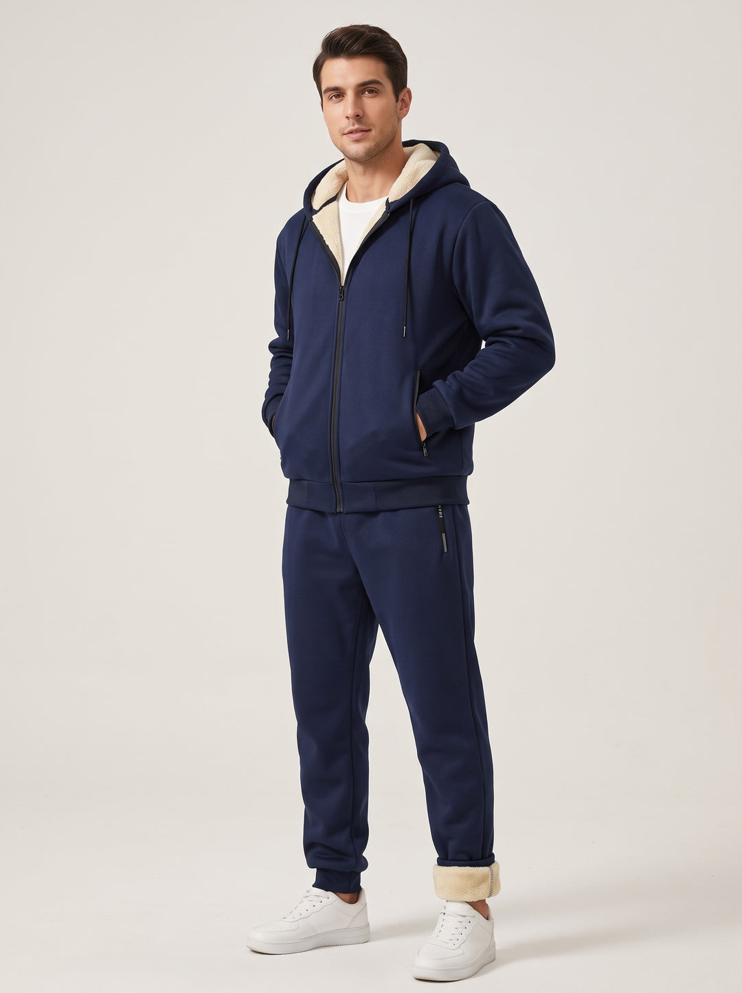 Men's teddy lined hooded tracksuit set in navy blue