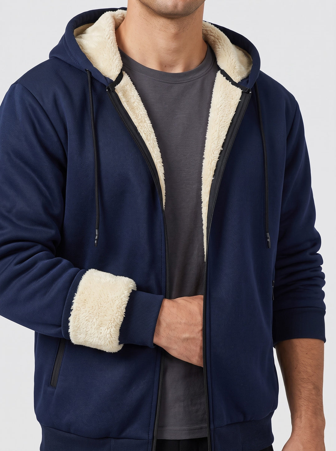 Men's teddy lined hooded tracksuit set in navy blue
