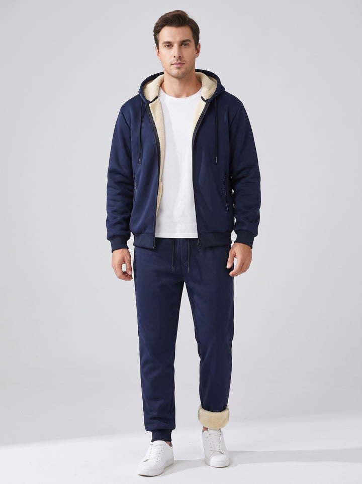 Men's teddy lined hooded tracksuit set in navy blue
