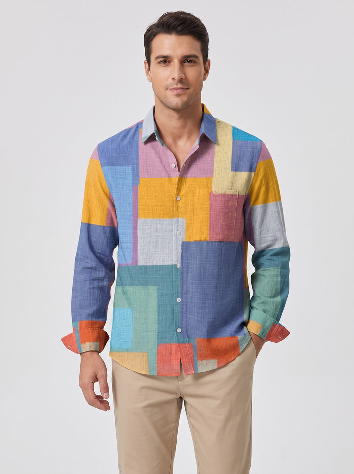 Men's abstract print long sleeve shirt in colour block