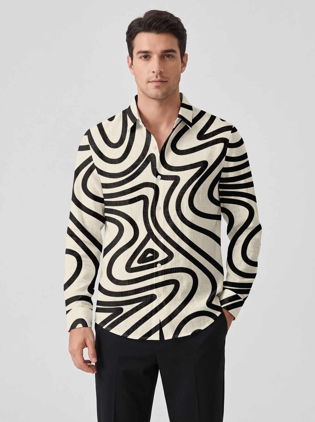 Men's abstract print long sleeve shirt in black wave