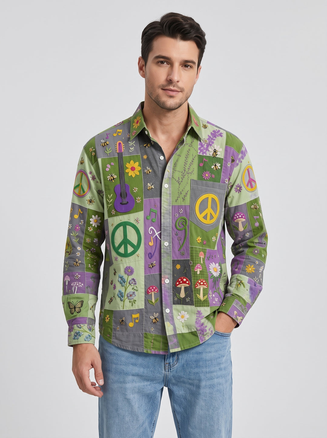 Men's patchwork print long sleeve shirt in green
