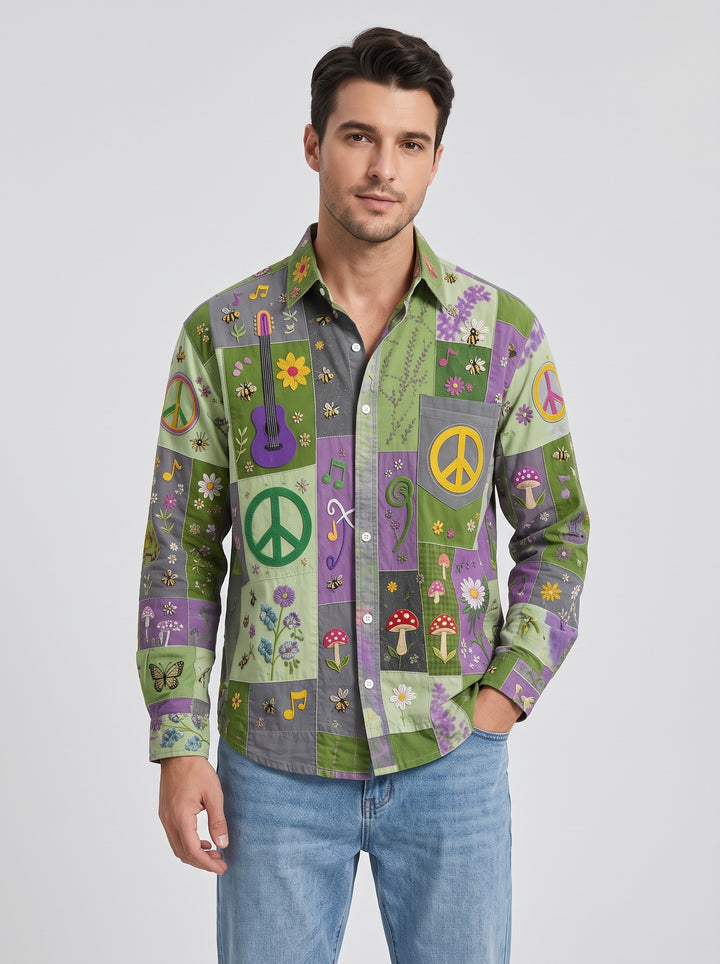 Men's patchwork print long sleeve shirt in green