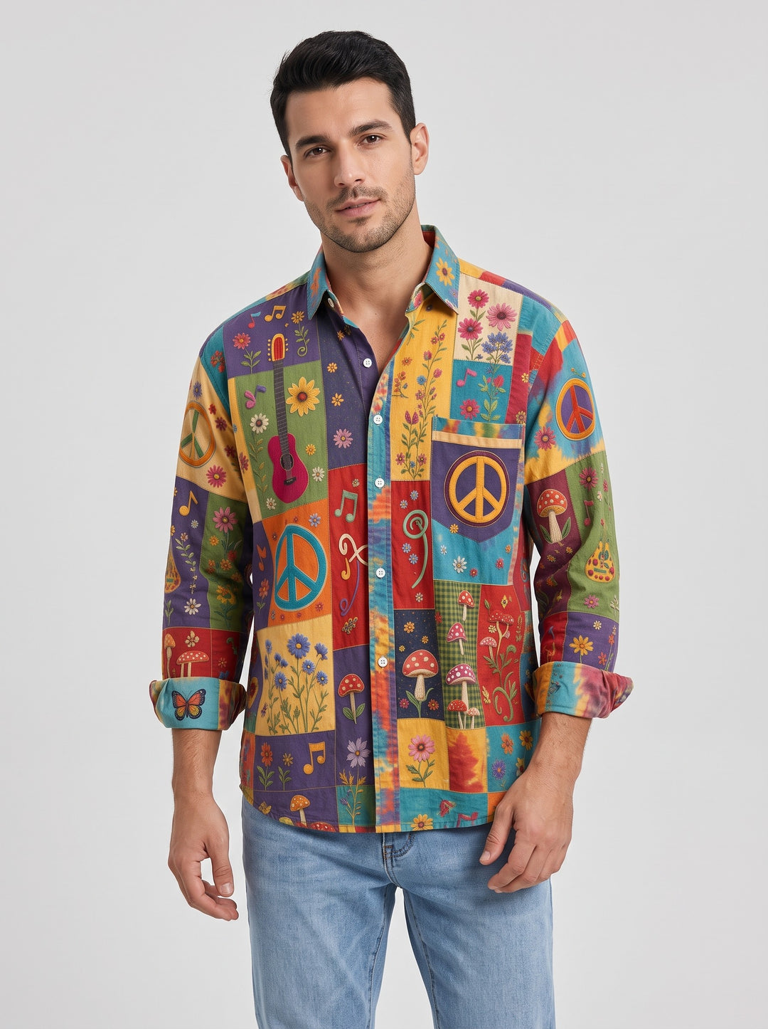 Men's patchwork print long sleeve shirt in multicolour