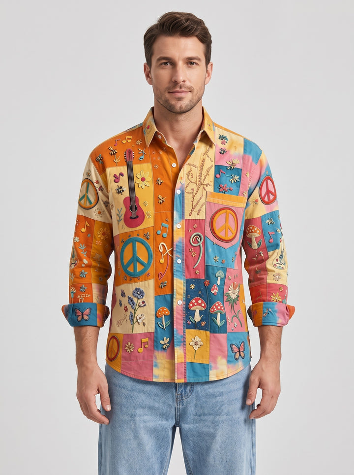 Men's patchwork print long sleeve shirt in orange