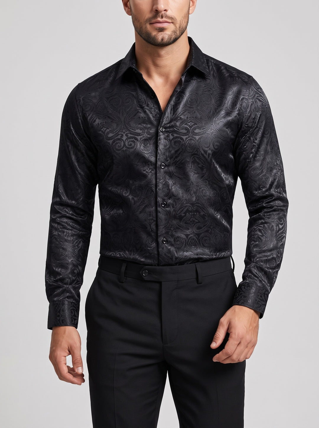 Men's paisley jacquard satin shirt in black