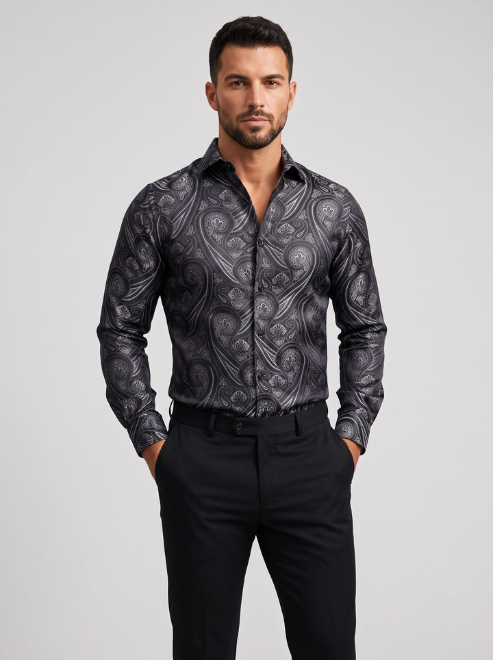 Men's paisley jacquard satin shirt in black grey