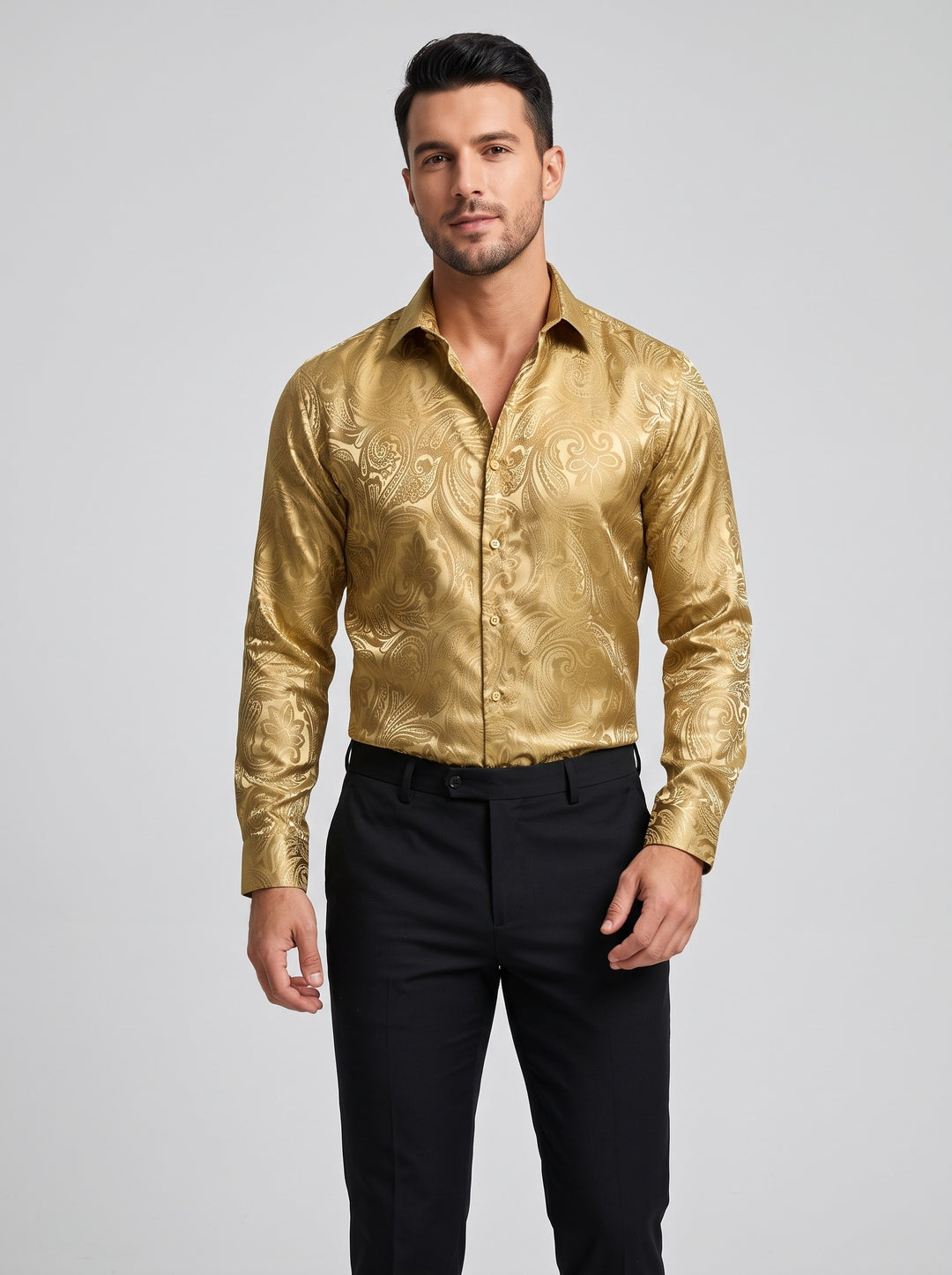 Men's paisley jacquard satin shirt in gold