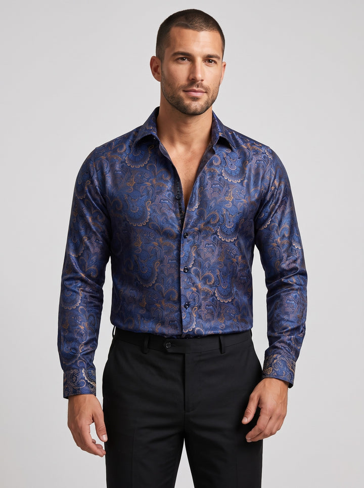 Men's paisley jacquard satin shirt in navy blue