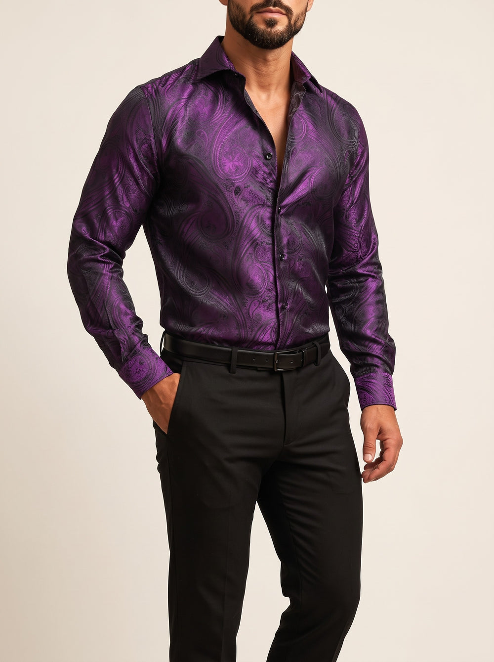 Men's paisley jacquard satin shirt in purple