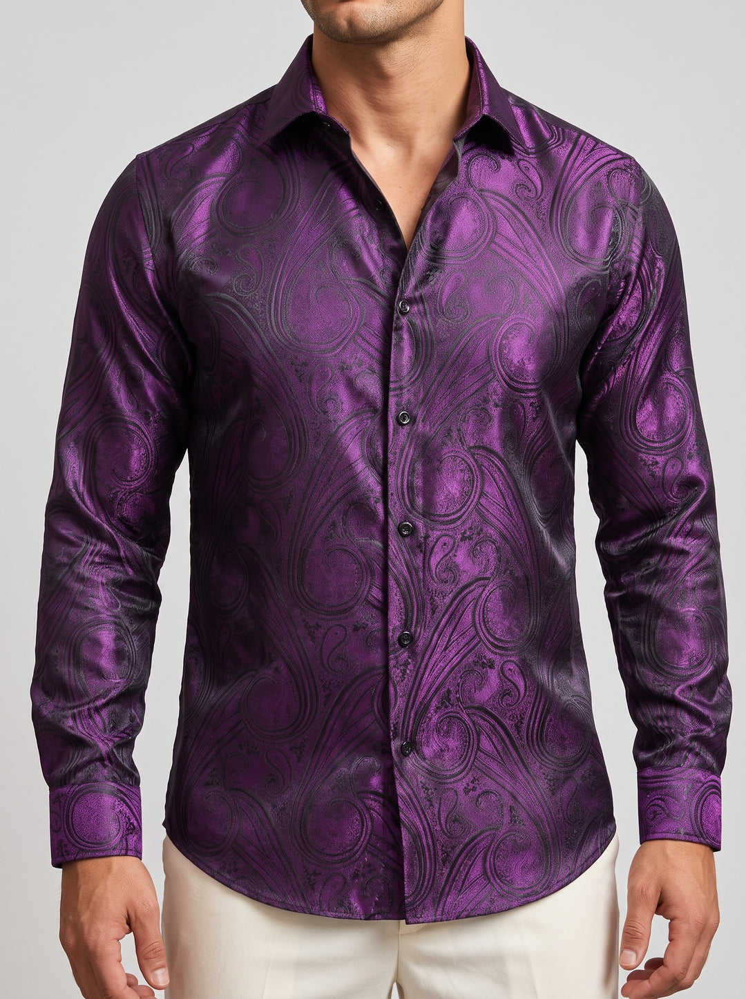 Men's paisley jacquard satin shirt in purple