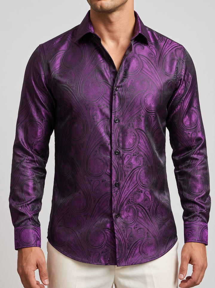 Men's paisley jacquard satin shirt in purple