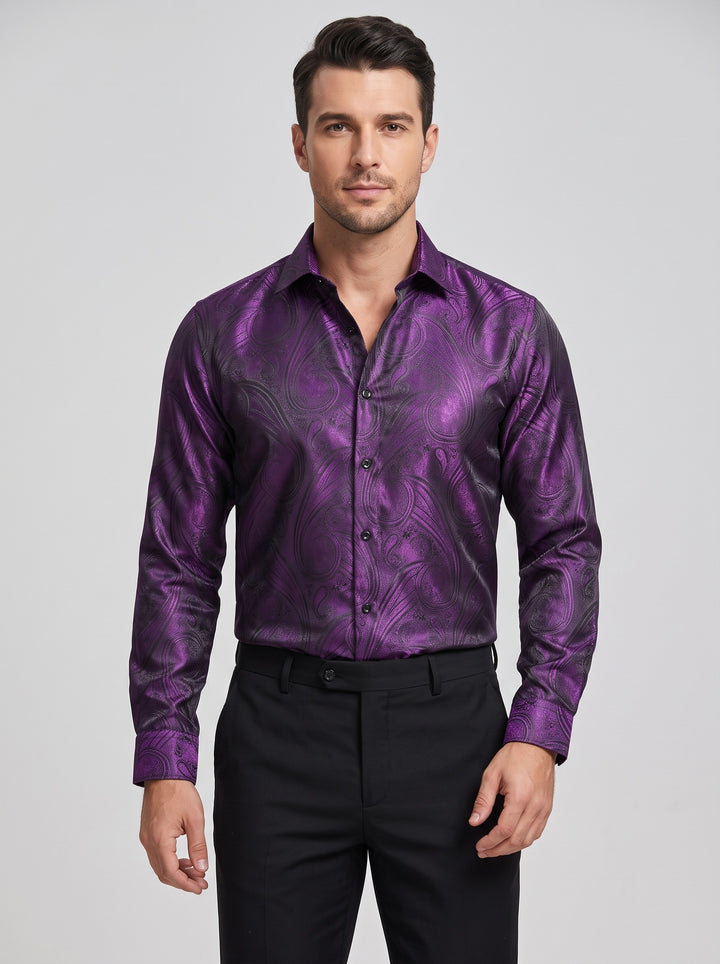 Men's paisley jacquard satin shirt in purple