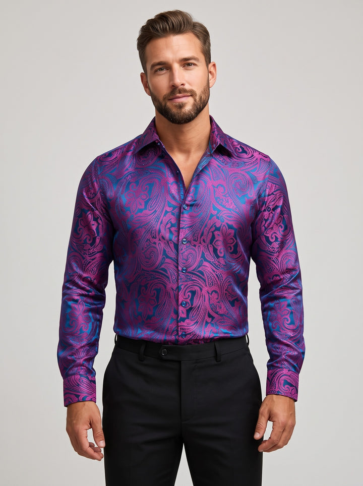 Men's paisley jacquard satin shirt in purple blue