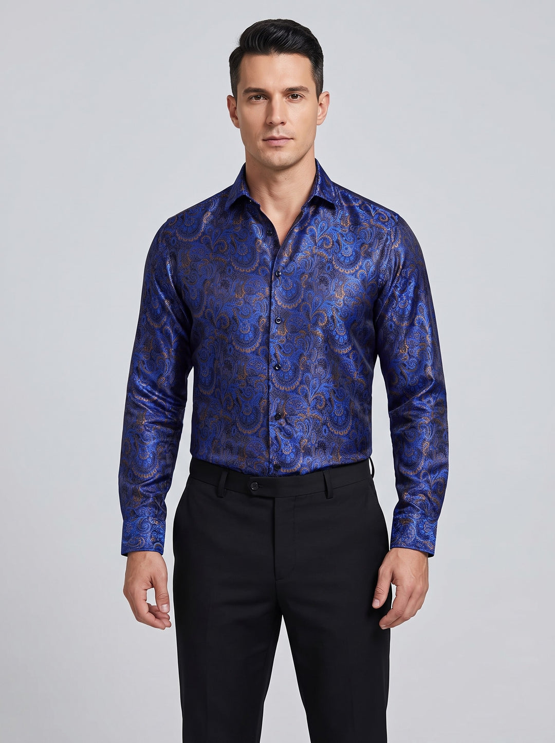 Men's paisley jacquard satin shirt in royal blue